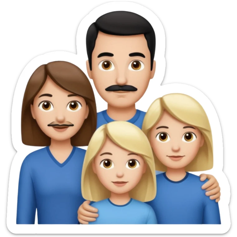 Mom with brown hair. Dad with black hair and mustache. 1 son with blonde hair. 1 son with blonde hair. 1 daughter with blonde hair. sticker