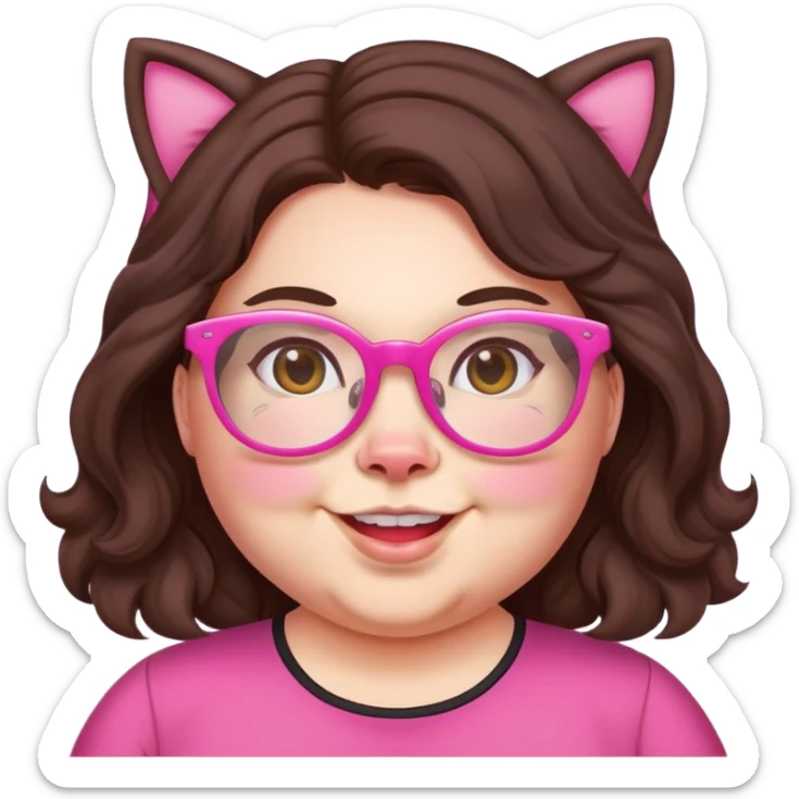 chubby English teacher, cheerful, pink cat glasses, wavy long dark brown hair, face only, classroom background, emoji style, hint of gamer personality sticker