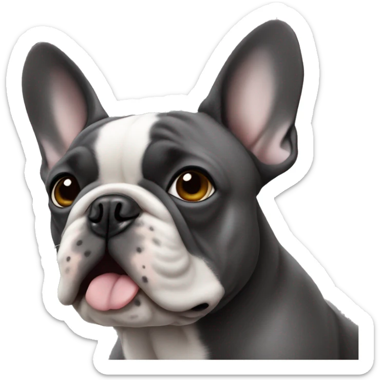 Dark gray French bulldog male, hazel eyes, one ear sticker