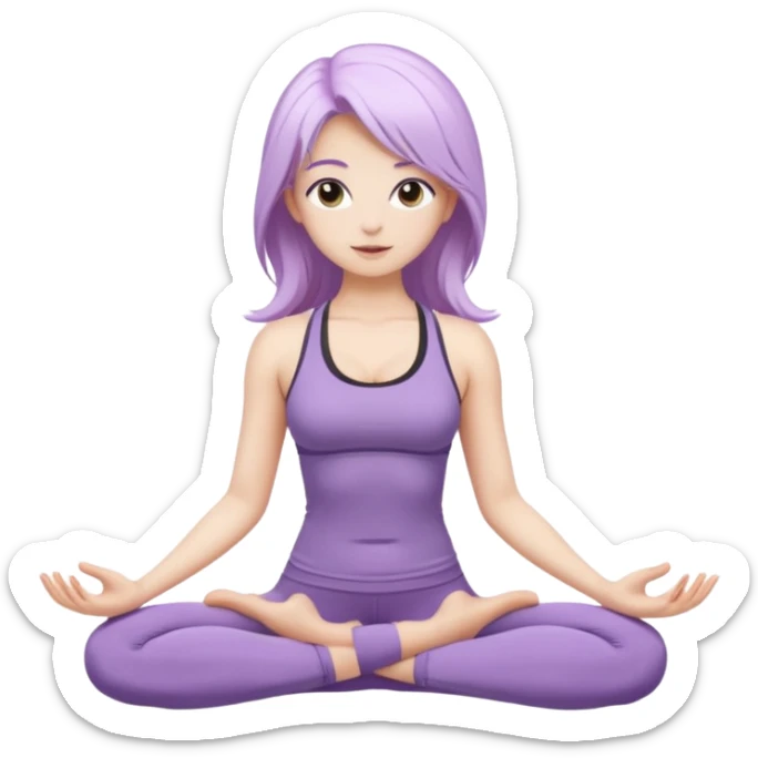 Девушка белокожая, с длинными светло-фиолетовыми волосами, в одежде для йоги, стоит в позе лотоса, в стиле бимбо пилатес, правильные пропорции, только человек sticker