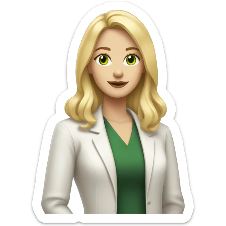 Woman with blonde shoulder length hair and green eyes holding a black Laborador  sticker