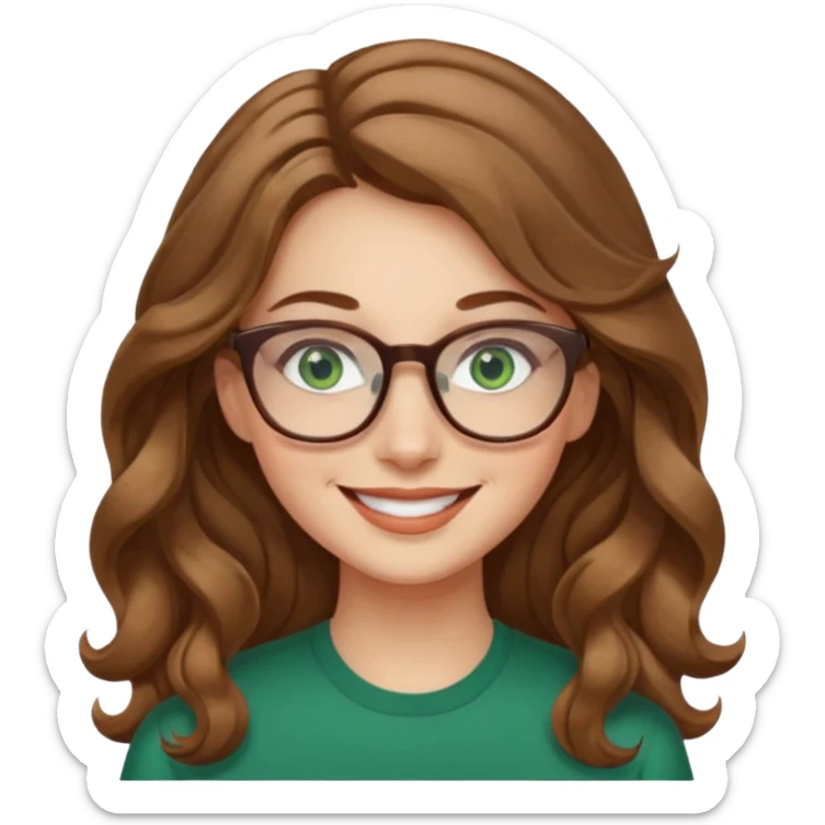 long wavy light brown hair woman with green eyes and glasses smiling sticker