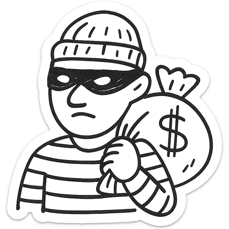 face portrait of a robber in black and white striped shirt, beanie, and mask, carrying a bag of money over shoulder, hand drawn black and white outlined style sticker