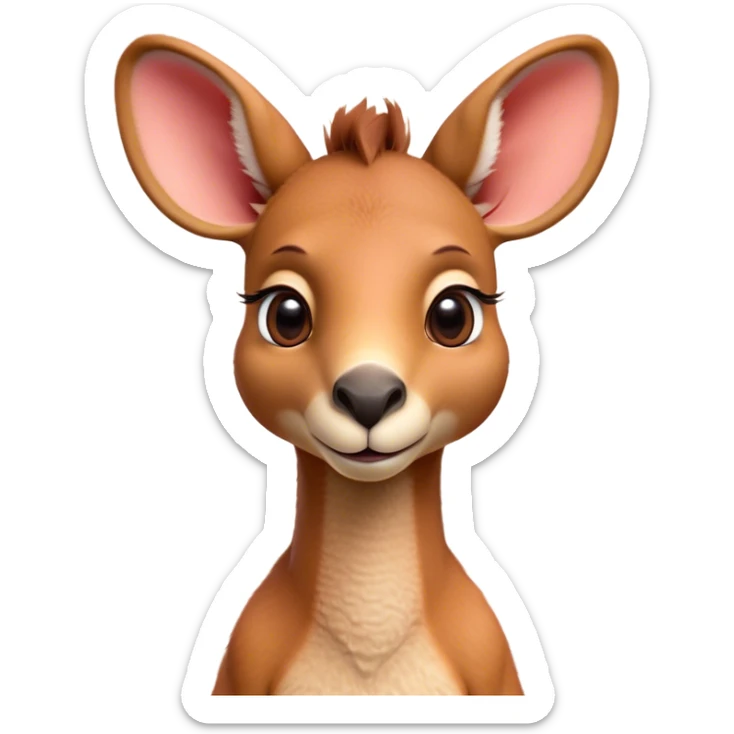 Cinematic Cute Adult Red Kangaroo Portrait Emoji, Head tilted playfully and inquisitively, showcasing a charming, robust build with soft reddish fur and a uniquely camel-like head featuring a gentle, elongated snout and rounded ears, with large, sparkling eyes full of wonder, Simplified yet irresistibly adorable features, highly detailed, glowing with a warm, friendly glow, high shine, affectionate and lively, stylized with a touch of outback whimsy, soft glowing outline, capturing the essence of a mischievous yet loving kangaroo that seems as if it could hop out of the screen into your arms! sticker
