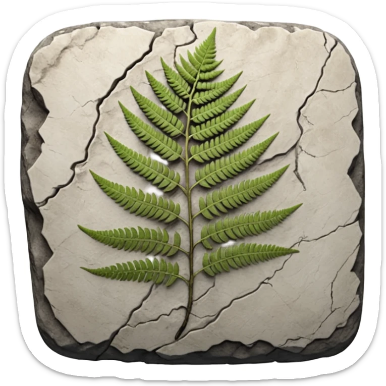 3D render of Fern Imprint, embedded in a chunk of rough sedimentary rock, cracked stone texture, ancient fossil aesthetic, black carbon imprint on a white limestone rock, matte dry finish, Apple emoji style, isolated on white background --v 6.0 sticker