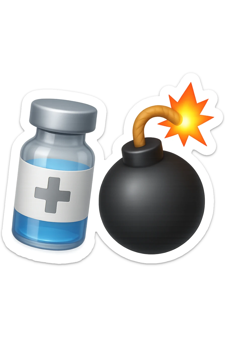 emoji stile iphone 3d di una fiala medica con una bomba vicino, fluttuano in aria insieme, FALLO MOLTO REALISTICO IN 3D sticker