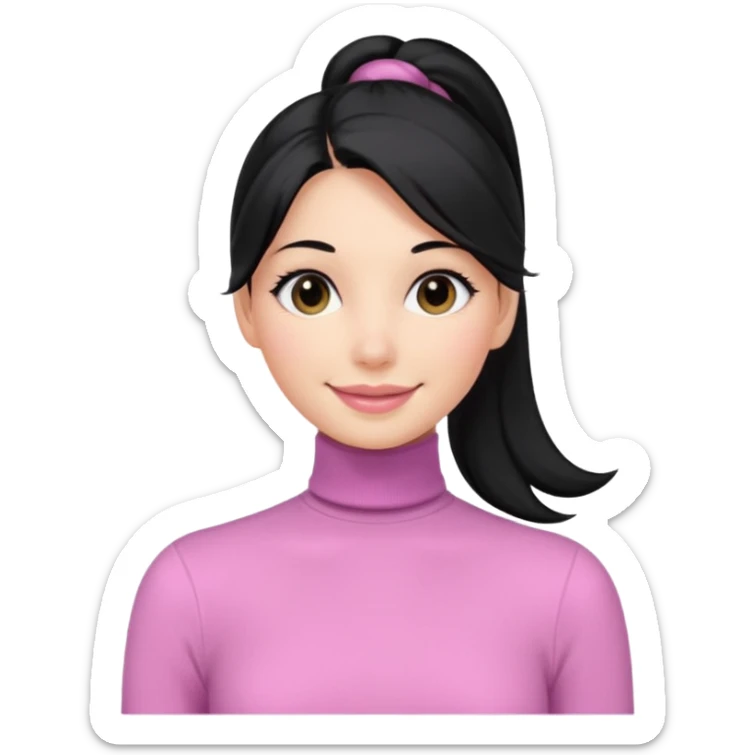 a woman with long sleeve turtle neck top and smile, her hair is long black one pony tail, her eyes color are black and the color of her lip is soft pink sticker