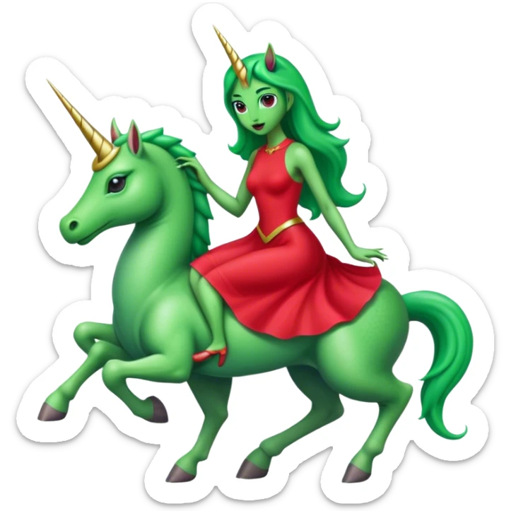 "reptilian green alien woman" in "red dress", rides unicorn
 sticker