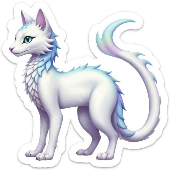 Kawaii white pastel iridescent beautiful pretty elegant divine edgy fantasy feline-vernid-sergal-fursona animal creature with a tufted tail full body with intricate markings  sticker