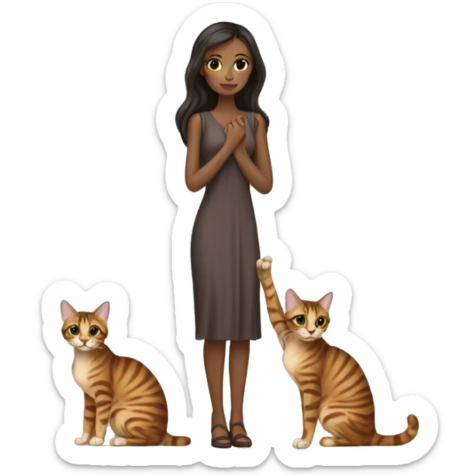 Beautiful skinny woman long dark brown hair in dress hug bengal cat sticker