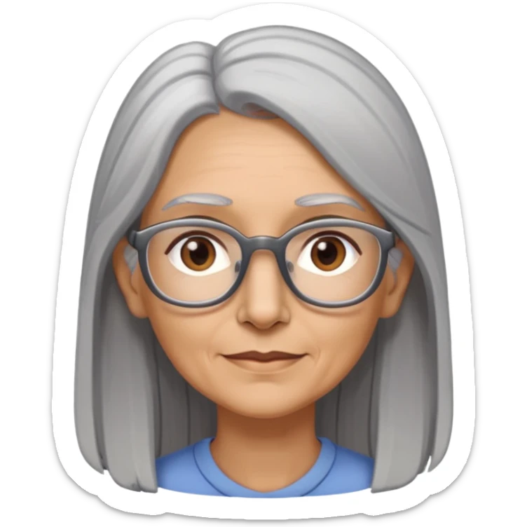 Mujer trigueña, pelo largo canoso, alta ,delgada, usa lentes. 55 años  , orejas pequeñas, ojos café, nariz recta, boca normal  sticker
