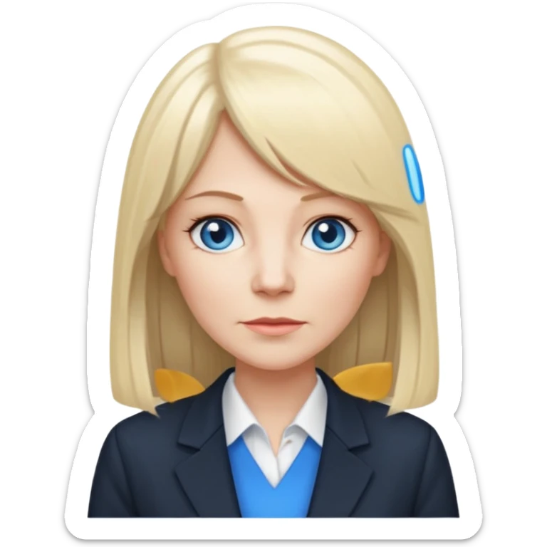 450 yr old white woman, pale skin, long straight blond hair parted in center, blue eyes, bangs, clothes for office sticker