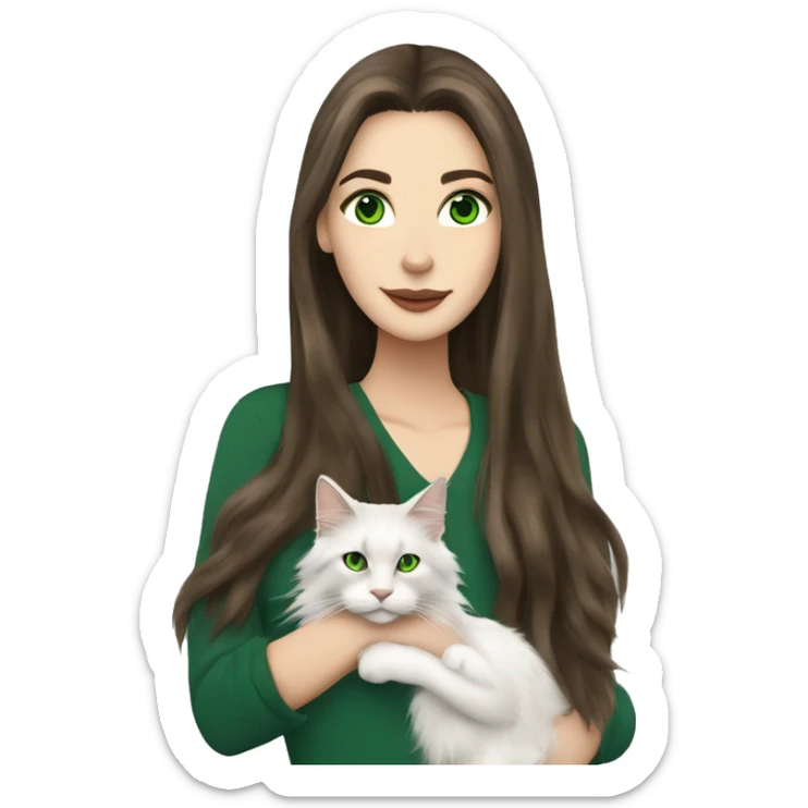 White brunette long hair woman with green eyes holding a Maine coon cat ￼ sticker