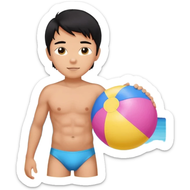 Hawaiian boy with black hair with pink highlights and a swimsuit, with beach ball sticker