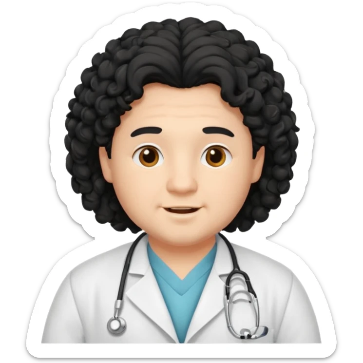 a young chubby male doctor with black long curly hair and cheerful face without gpasses sticker