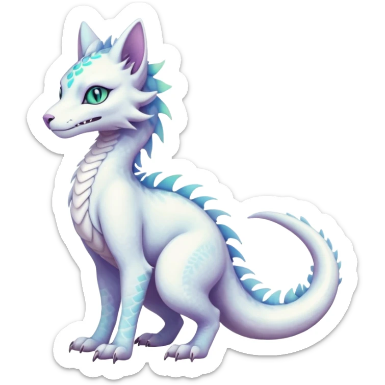 Kawaii white pastel iridescent beautiful pretty elegant divine edgy fantasy feline-vernid-sergal-Haku-dragon-fursona animal creature, full body with intricate markings  sticker