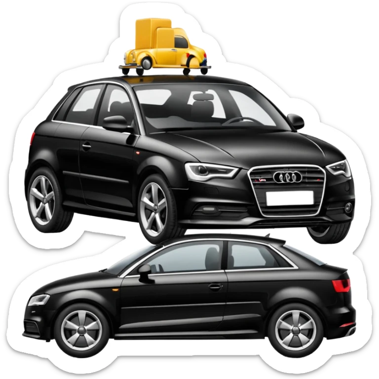 emoji of a black car, model audi a3, being towed by a tow car. profile horizontal view sticker