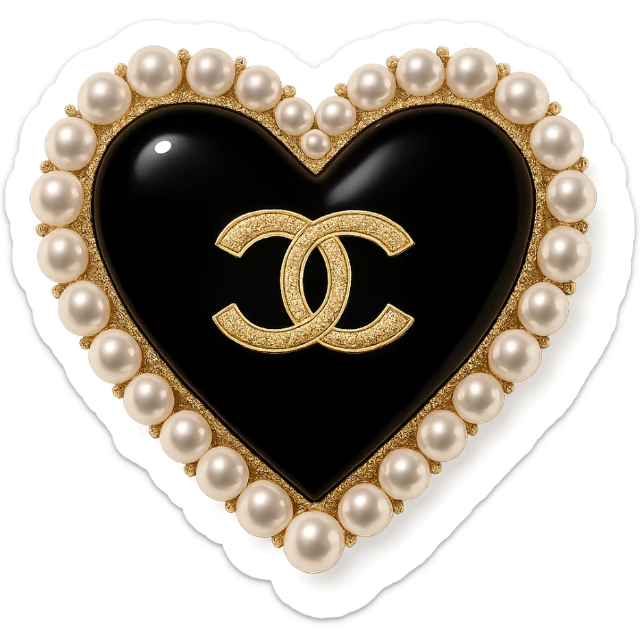  only the elegant heart with pearls and gold Chanel logo,  with no background. black pink,  sticker