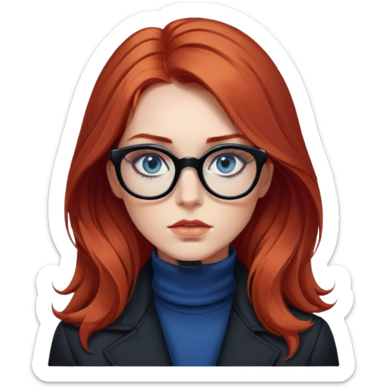 Nữ 25 tuổi, da trắng, tóc dài xoăn nhẹ màu đỏ, gọng kính màu đen, mắt kính màu xanh dương, mặt nghiêm túc, lông mi dài, trang điểm khá đậm, áo khoác cổ cao màu đen, áo trong màu trắng, mặt ngầu sticker