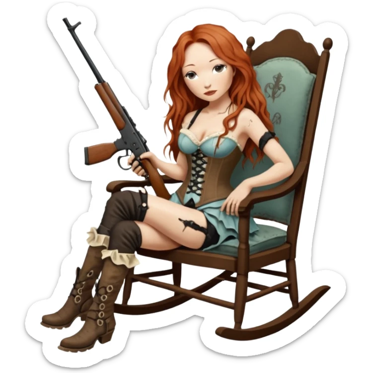 realistic cinematic Tori Amos sits on a rocking chair in a torn corset, holding an antique rifle and her bare feet are muddy. A white snake is wrapped around the chair. sticker