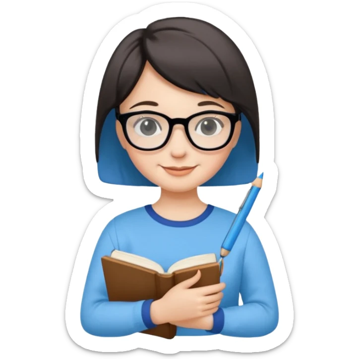 A smart and cute girl with short hair, wearing sky blue clothes,
I hold a book in one arm. There is a pen in the book.
He is wearing black-rimmed glasses and smiling brightly. sticker