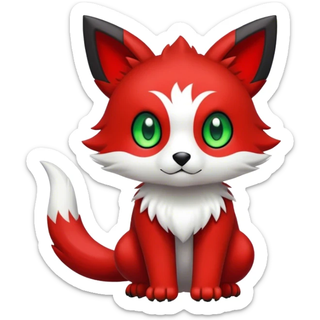 Cute cool black red animal hybrid Fakemon full body, green eyes, white belly, white muzzle sticker