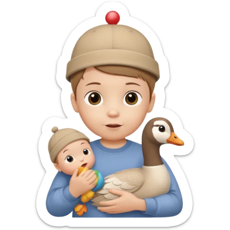 White-skinned baby, brown short hair, in a cap on his head, in a beige shirt, birthday, holding a goose toy in his hands sticker