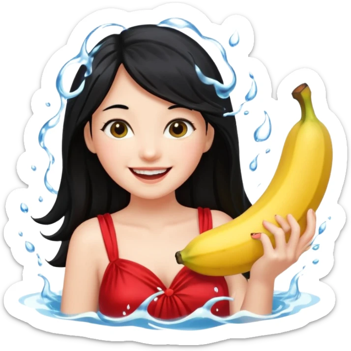 a water splashing banana above a girl with black hair and red dress sticker