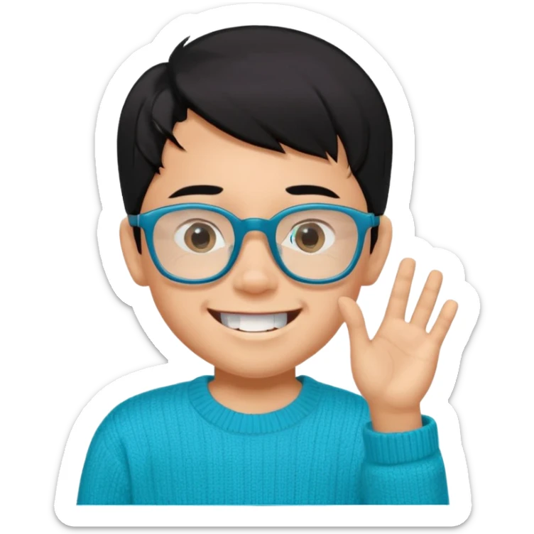 Chico de 7 años, pelo negro y repeinado, piel oscurita pero no mucho, gafas rectangulares azules, sonriente sin 1 diente, jersey verde turquesa y ojos algo rasgados sticker