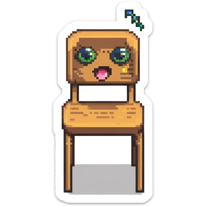 Pixel art of a wooden chair with cartoon eyes flying in the air sticker