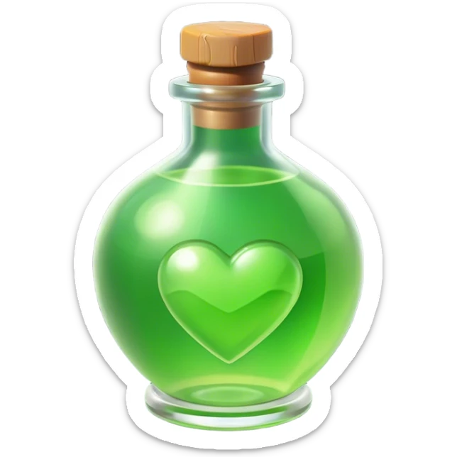 Clash of Clans aesthetic: Cinematic Playful Pixel 3D green health Potion Emoji, rendered in a 3D vector-style similar to standard emojis with minimal shading and bold, simplified shapes. A compact, distinct form with signature details, softly glowing with a pixelated adventure charm. Simplified yet unmistakably iconic, highly detailed and consistent, glowing with a soft radiance and high shine. Stylized with a touch of classic pixel-art charm and a soft glowing outline, capturing the essence of a beloved gaming relic with a friendly, playful manner! sticker