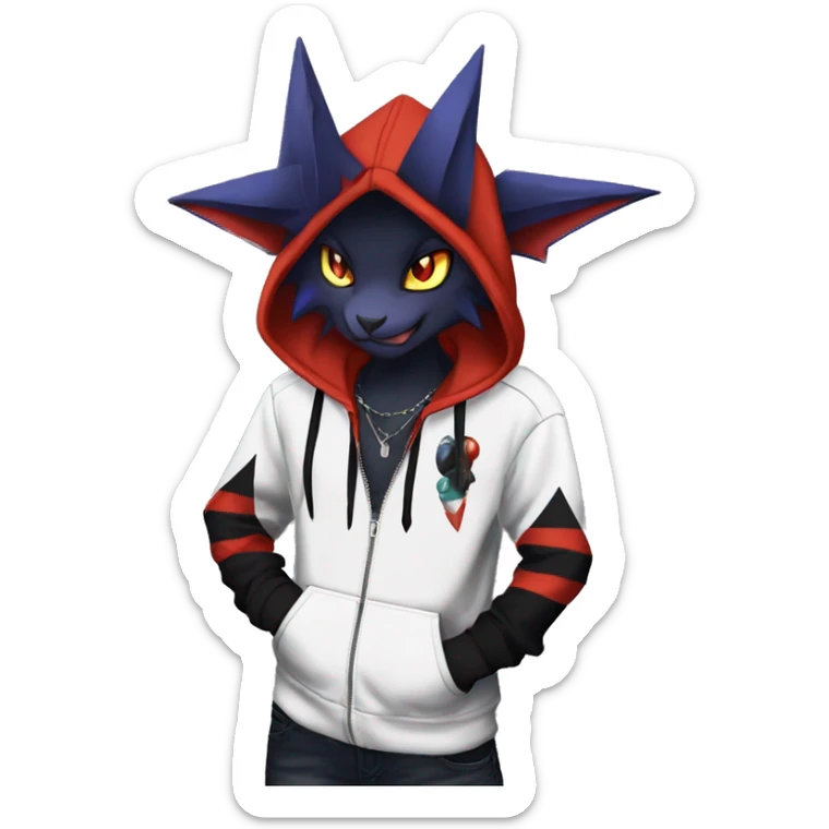 Cool Anthro Black Noivern-Absol-Litten-Pokémon with edgy stripes hoodie spiked collar punk Full Body sticker