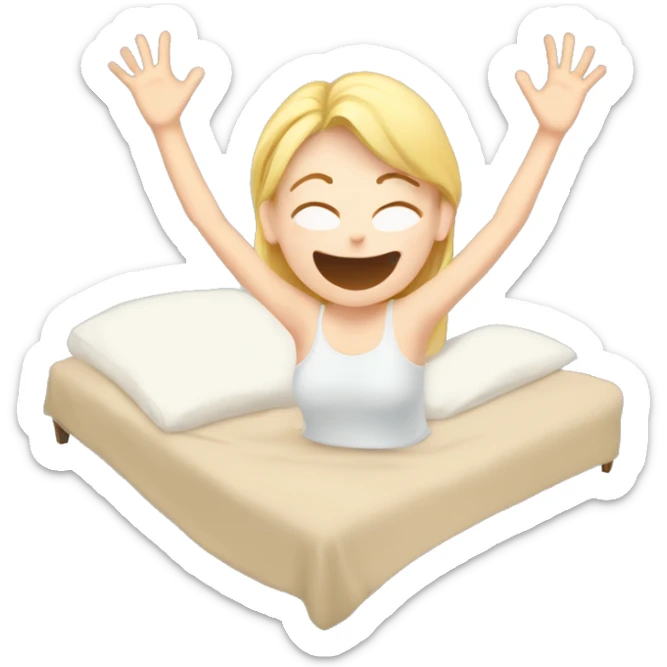 Happy pale girl wakes up in bed and stretches hands up in the air  sticker