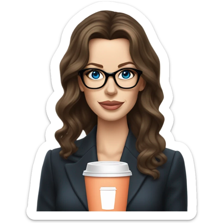 Realistic Kate Beckinsale blue eyes wearing glasses in a business dress drinking coffee peach lipstick  sticker