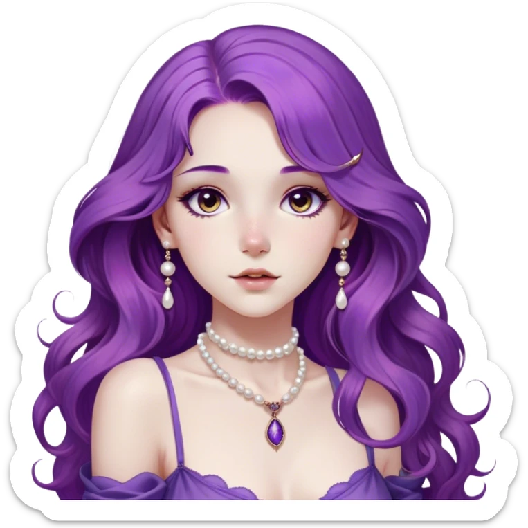 A girl has a striking presence with wavy long length purple hair, large doe-eyed brown eyes, and a dusting of freckles. Her hourglass figure and poised grace enhance her elegant aura. She favors stylish, high-end fashion, often accessorized with pearls and delicate jewelry. Admired and respected, she carries an air of quiet confidence and mystery. sticker