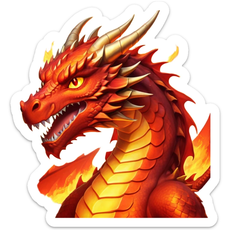 cinematic-noble-fierce-fire-dragon-portrait-emoji,-poised-and-imposing,-with-a-muscular,-scaled-body-ablaze-in-fiery-hues-of-crimson,-molten-orange,-and-molten-gold,-and-intense,-burning-eyes-that-mirror-the-heart-of-a-volcano;-rendered in detail sticker