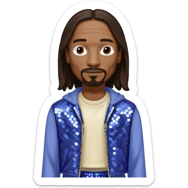 Snoop Dogg with long dark brown hair, periwinkle sequin crop top, cream sequin baggy pants sticker