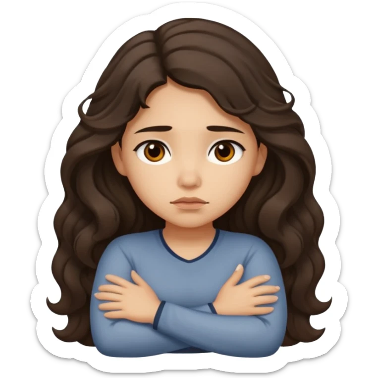 Hispanic light tan girl with long dark wavy hair crossing her arms under arm pit and slightly pouting sticker
