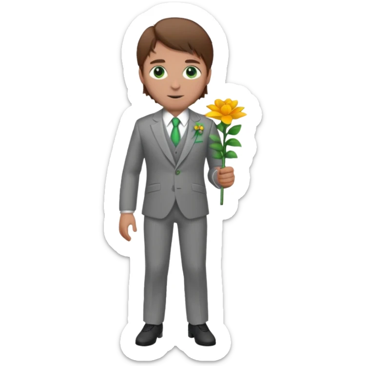 Chico blanco, pelo castaño, ojos verdes, traje boda gris y flor solapa , cuerpo entero sticker