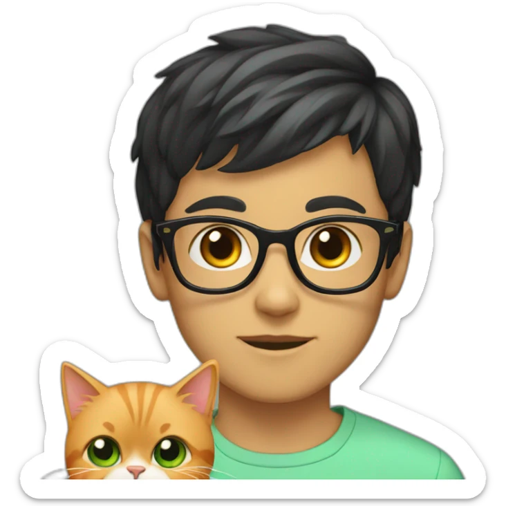 Boy with green eyes, glasses, with black short hair, with orange Persian cat sticker