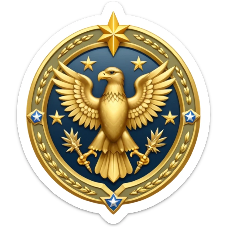 Insignia militar realista para videojuegos de guerra (estilo Delta Force), forma de escudo metálico con bordes desgastados. Incluye:

Símbolo: [fusiles cruzados / águila / estrellas / espada] sticker