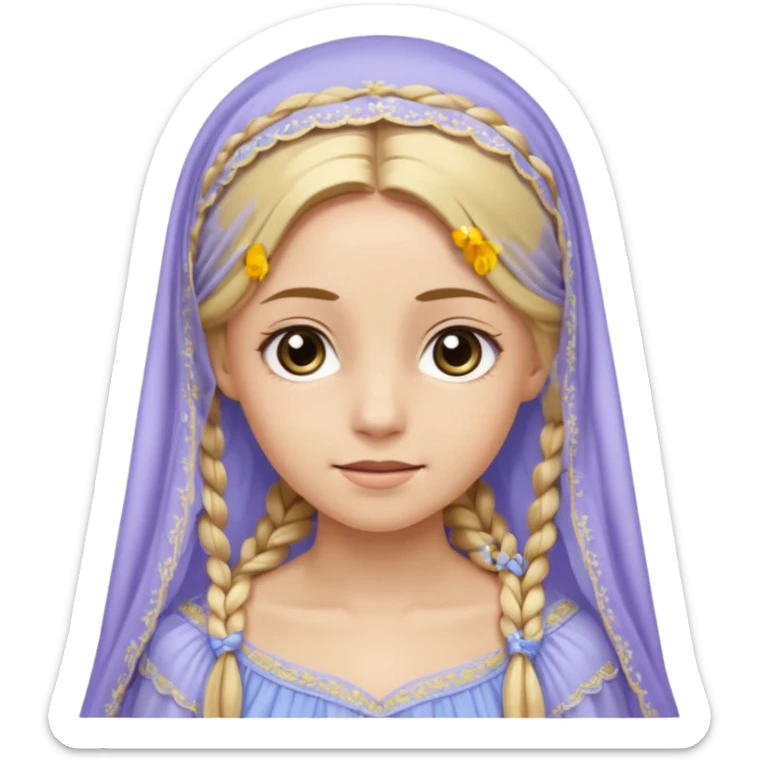 
mujer, Joven, de 25 aspecto dulce y elegante.
Piel clara, ojos grandes y expresivos, sonrisa triste.
Rubio o castaño claro, largo, con trenzas o velo.
Vestido largo cubriendole los zapatos, çde tonos suaves (blanco, azul o lavanda), con bordados dorados; toca fina cubriendo la cabeza. sticker