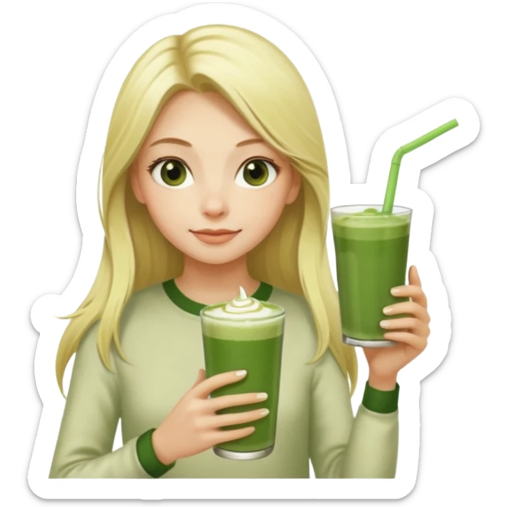 A blonde girl with long hair offers a glass of matcha latte with two straws sticker