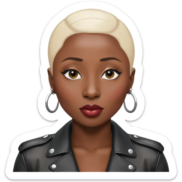 Cynthia erivo no hair no eyebrows leather jacket Alluring black woman wide nose bald head big glossy lips sticker