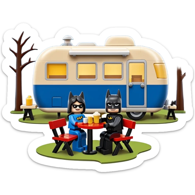  Ultra cute futuristic Lego detailed Batman and pretty Catwoman dream house Caravan with picnic table and folding chairs alone at romantic night(hot chocolate and cheeseburgers on the grill) sticker
