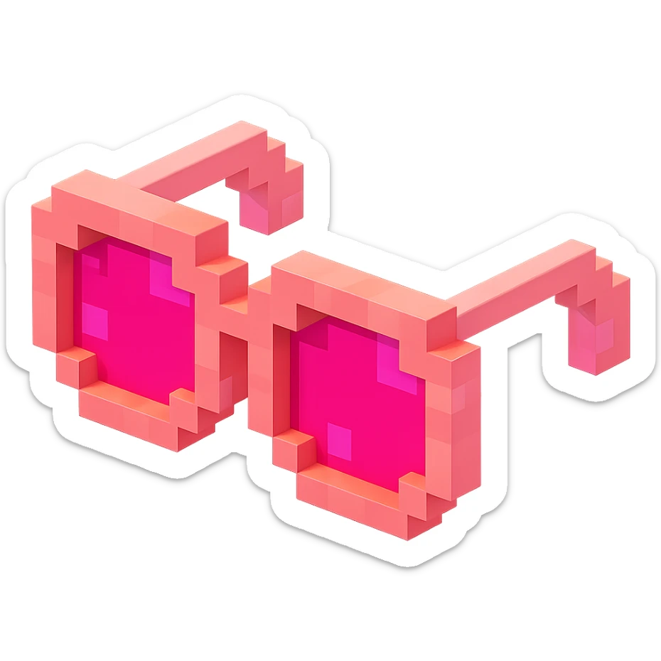Voxel-style pink glasses with pink lenses, no background, following the silhouette from the reference image, with a different pattern. sticker