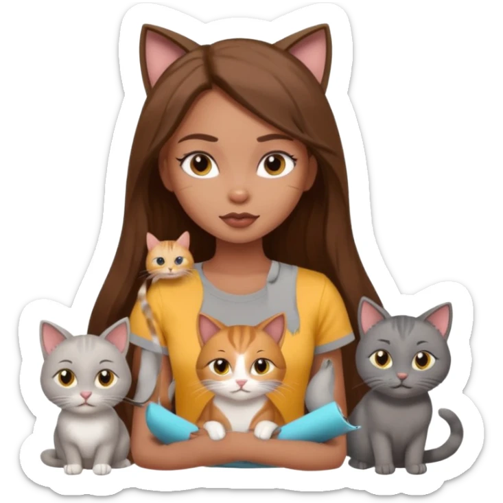 a pretty bratz dusky girl with long brown hair with four cats nd wearing a grey tshirt sticker