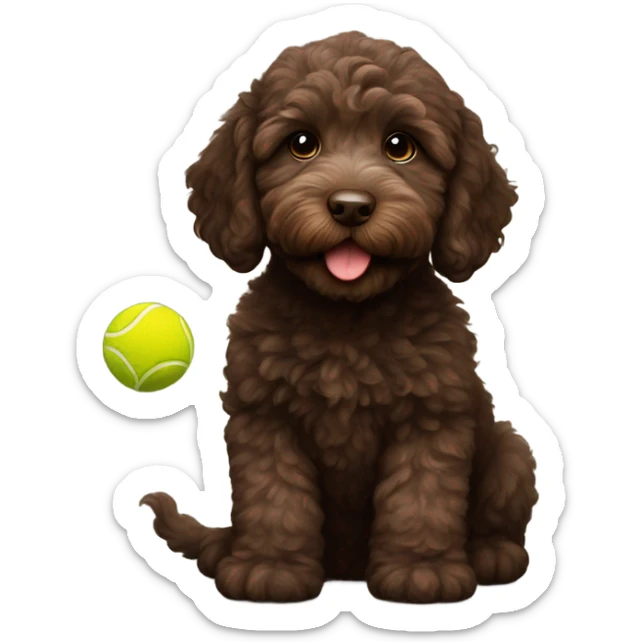 Dark brown Australian labradoodle puppy with tennis ball sticker