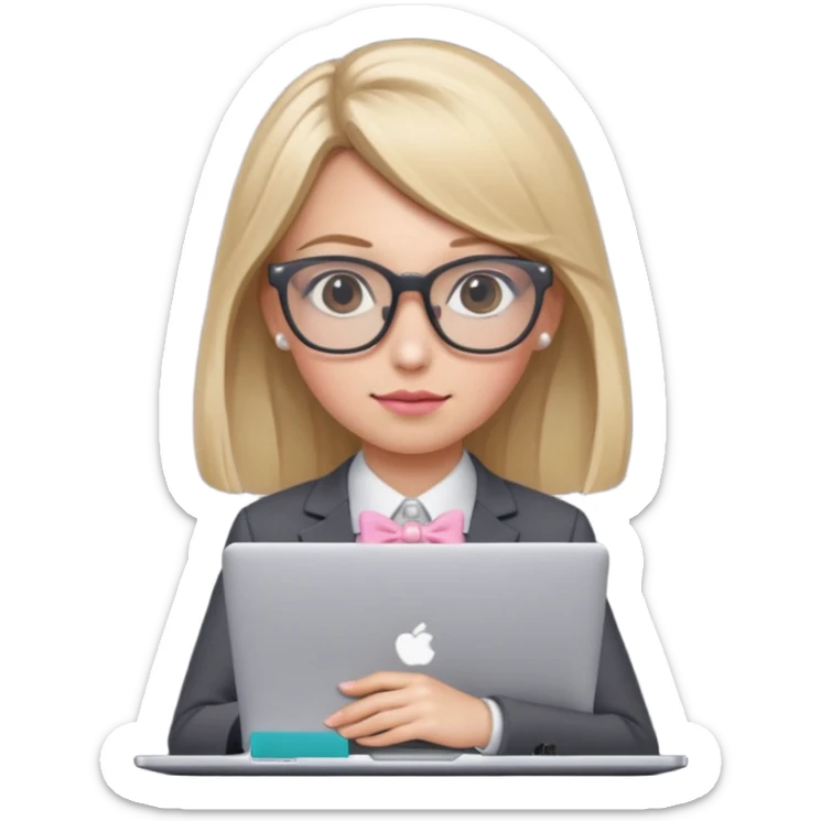 Please take the girl with laptop emoji and make her glassess light brown and her nose a bit smaller and pointier and she has blonde long hair and a dark grey suit and pearls, and has a laptop in fron of her and a tiny pink bow on the left side of her head sticker