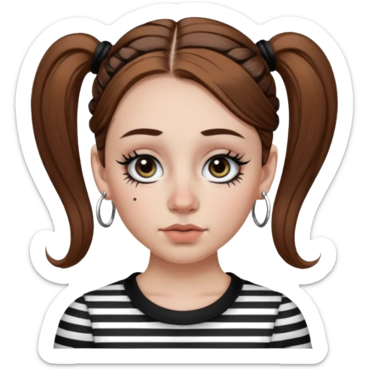 a white girl with brown hair in very low pigtails black eyeliner big false eyelashes with a septum piercing nose piercing big hoop earings dermals close to the eyes one on each side wearing a black and white striped long sleeve shirt sticker